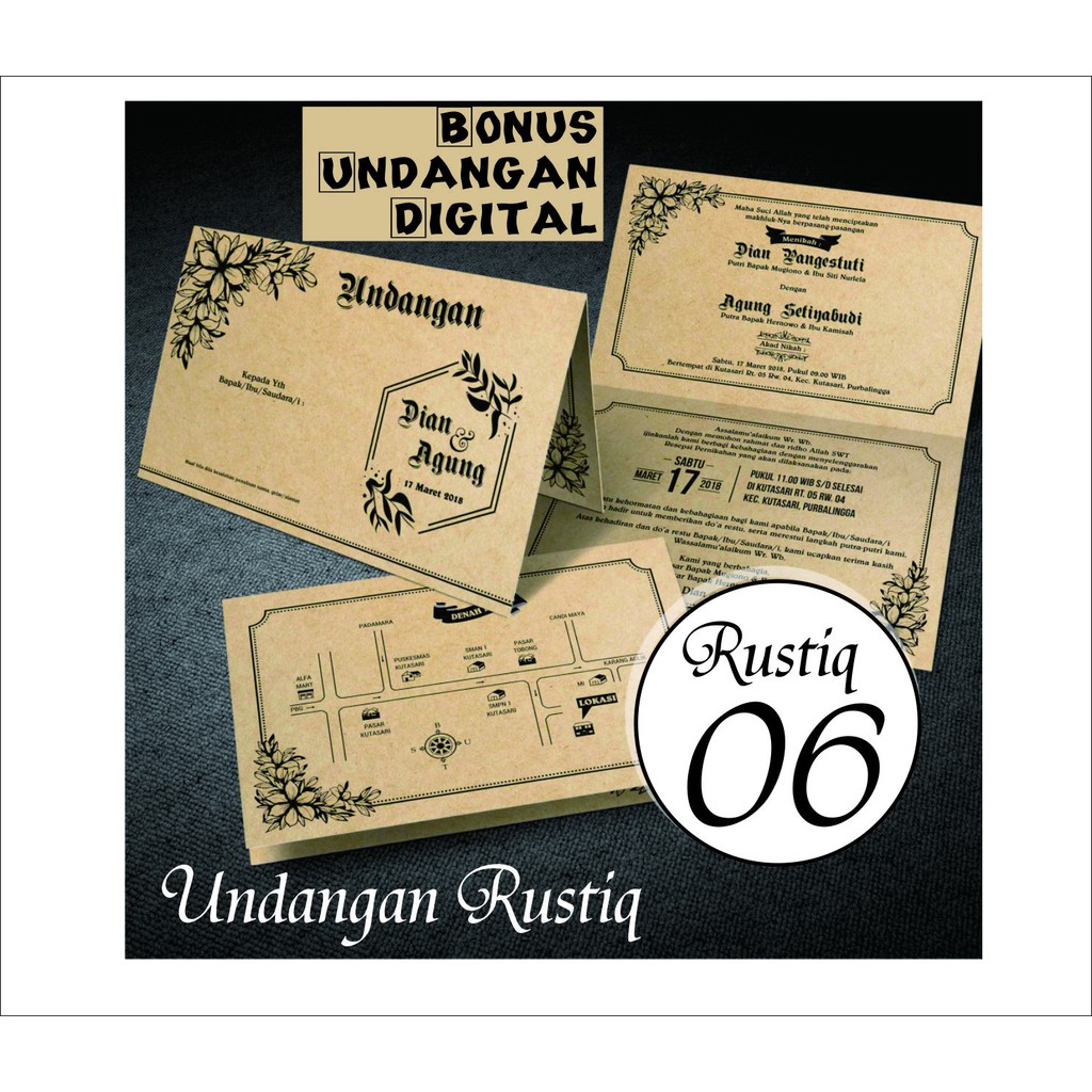 Undangan Pernikahan Rustic Cantik Elegan Murah Simpel Kekinian Tipe lipat 2 Coklat Rustic