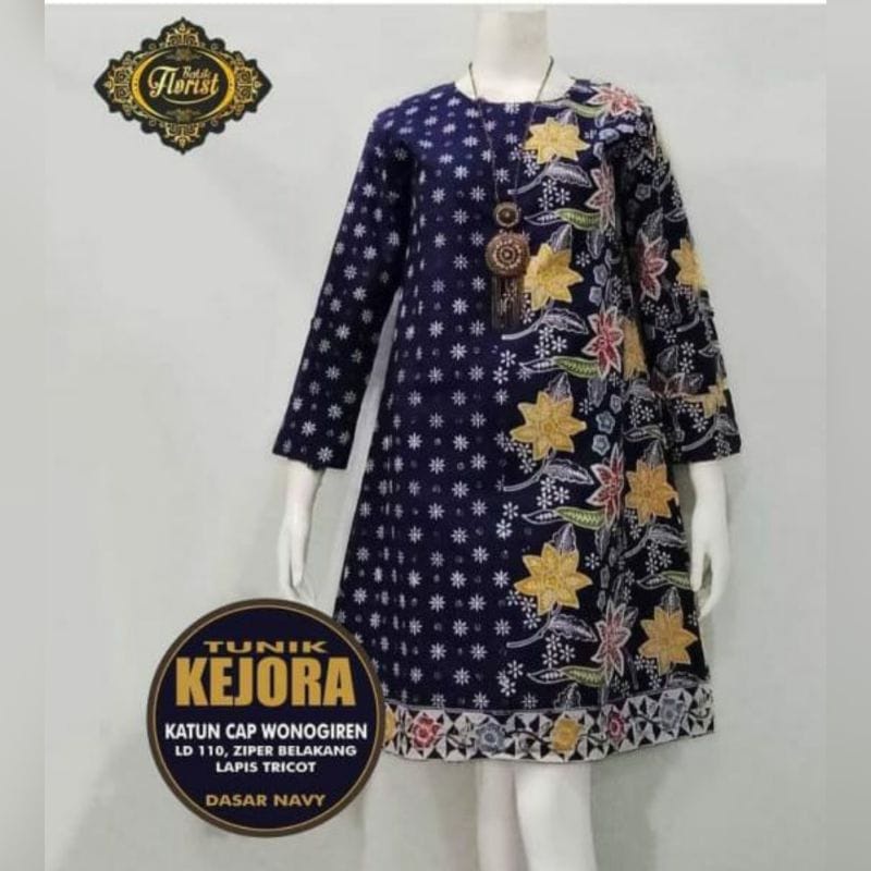 Tunik kantoran Batik Solo Premium Atasan Batik Warna Biru Wanita Batik Cap Lapis Furing Batik Kerja Modern