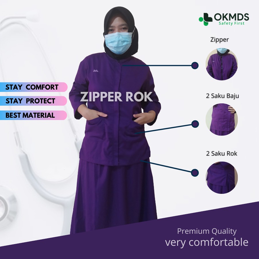 Baju OK / Baju Jaga Dokter / Baju Jaga Medis / Baju Dokter / Baju Perawat Ok - Zipper Panjang Rok