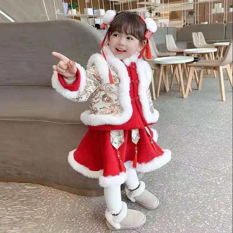 Hanfu girls' Tang costumes Winter Chinese style children's cheongsam Han Chinese clothing suits thic