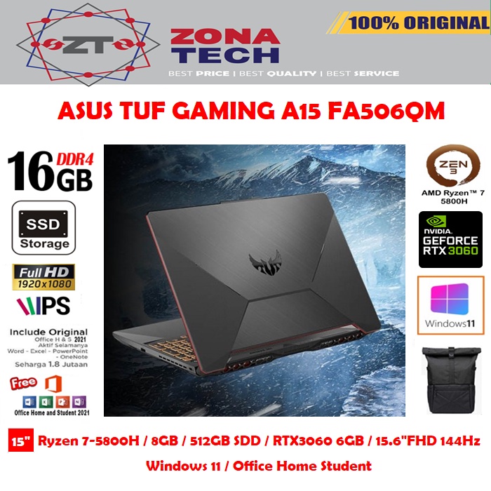 ASUS TUF Gaming A15 FA506QM Ryzen 7-5800H 16GB 512GB RTX3060 6GB 15.6&quot;FHD IPS 144Hz W11 OHS