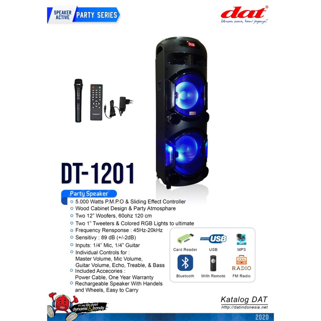 SPEAKER AKTIF PORTABLE DAT DT 1201 DOUBLE WOOFER 12 INCH PARTY SPEAKER