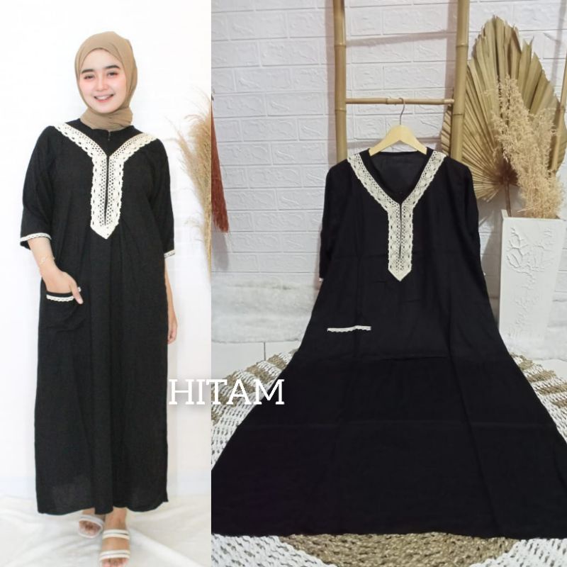Daster BUSUI Arab Kekinian Tangan 3/4 (aisyah) / Daster Muslim Renda Jumbo LD 120 cm / Daster BUSUI /Daster kekinian /Daster Renda-Hitam