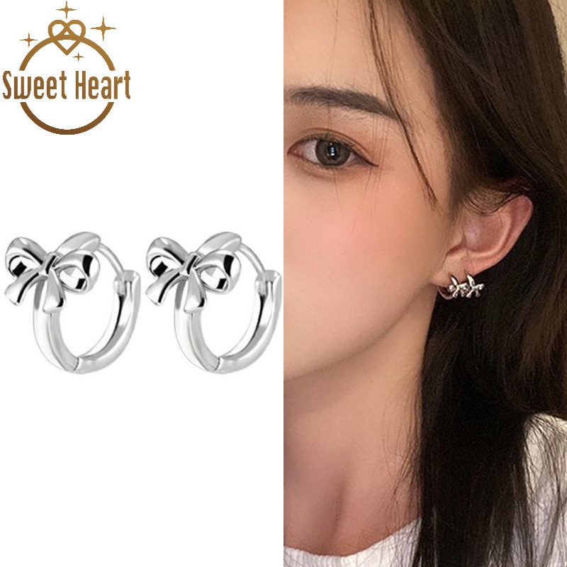 Anting Tusuk Gantung Desain Hati + Pita Gaya Simple / Trendy Untuk Wanita