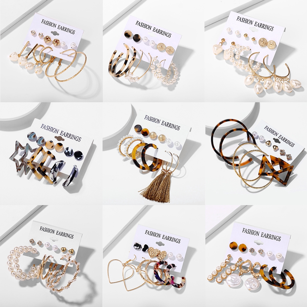 6 Pasang / Set Anting Tusuk Bentuk Lingkaran Aksen Mutiara + Rumbai Gaya Bohemian untuk Wanita