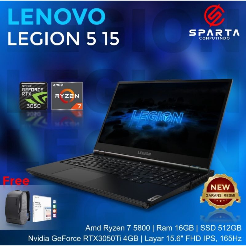 LAPTOP LENOVO LEGION 5 15 Ryzen 7 5800 16GB 512ssd RTX3050Ti 4GB W10+OHS 15.6FHD IPS 165Hz RGB