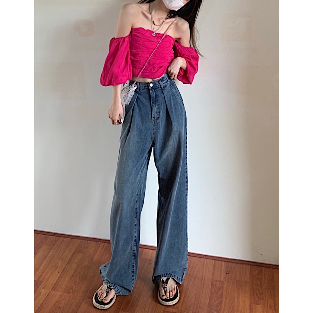 New biru celana jeans high waist wanita kulot high waist murah celana jeans panjang wanita