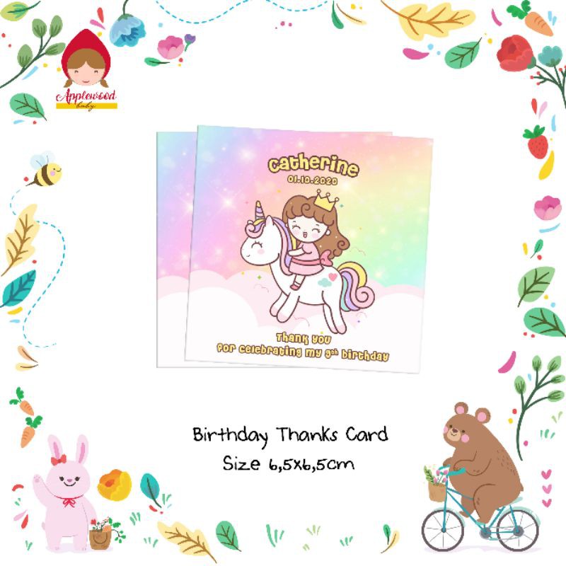 

Custom Birthday Thanks Card Souvenir Hampers Tag Unicorn Rainbow Girl Ultah Anak Stiker Non Stiker