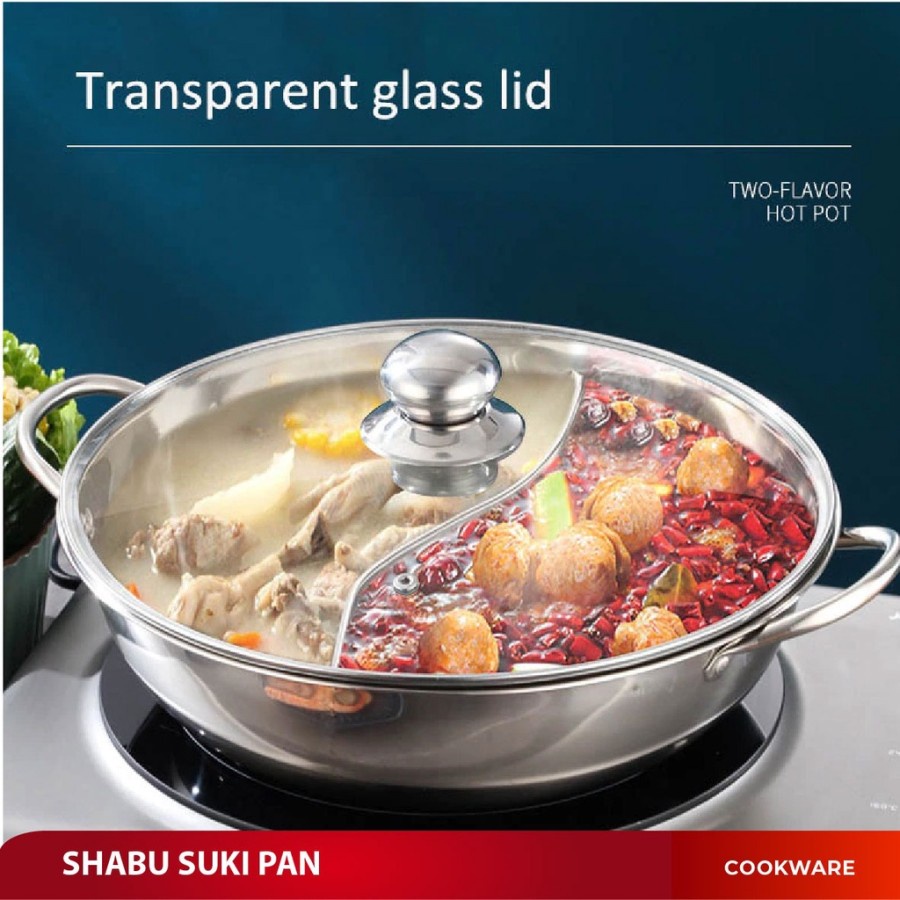 Panci Shabu 28 30 Cm Tutup Kaca Panci Sekat Hotpot Steamboat Stainless