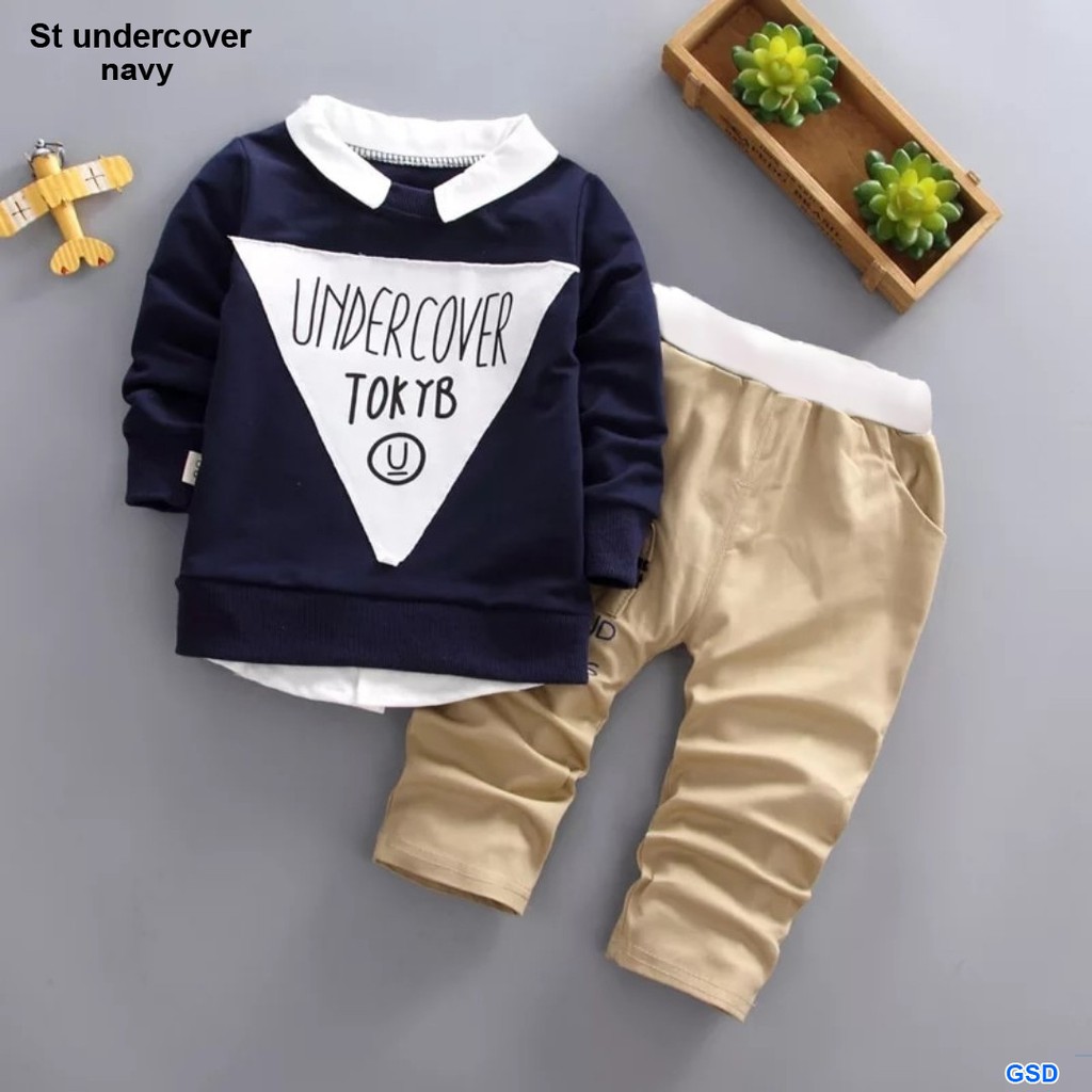 St undercover/setelan baju kemeja dan celana anak laki/casual setelan anak laki murah/fashion anak