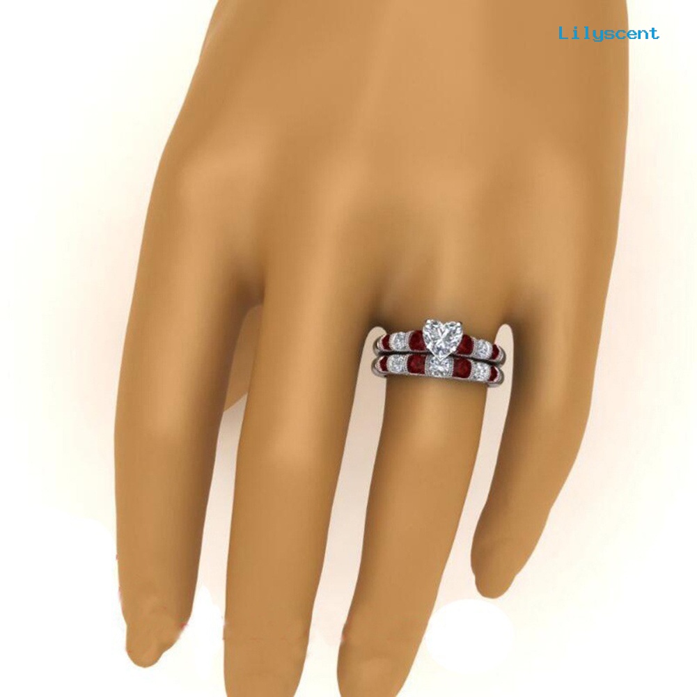 2pcs / Set Cincin Jari Bentuk Hati Ruby Berlian Imitasi Gaya Retro Untuk Wanita