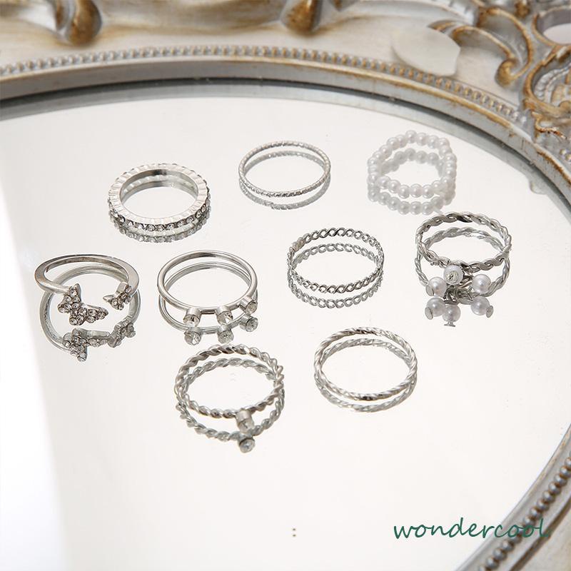 9 PCS Wanita Tipis Berongga Mutiara Kristal Kupu-kupu Berlian Premium Knuckle Ring Set-Won