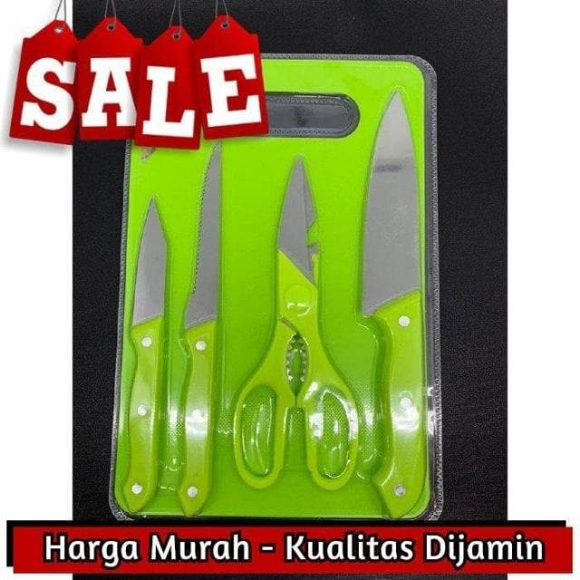 Set pisau dapur plus talenan 5 in 1 lengkap pisau dan gunting