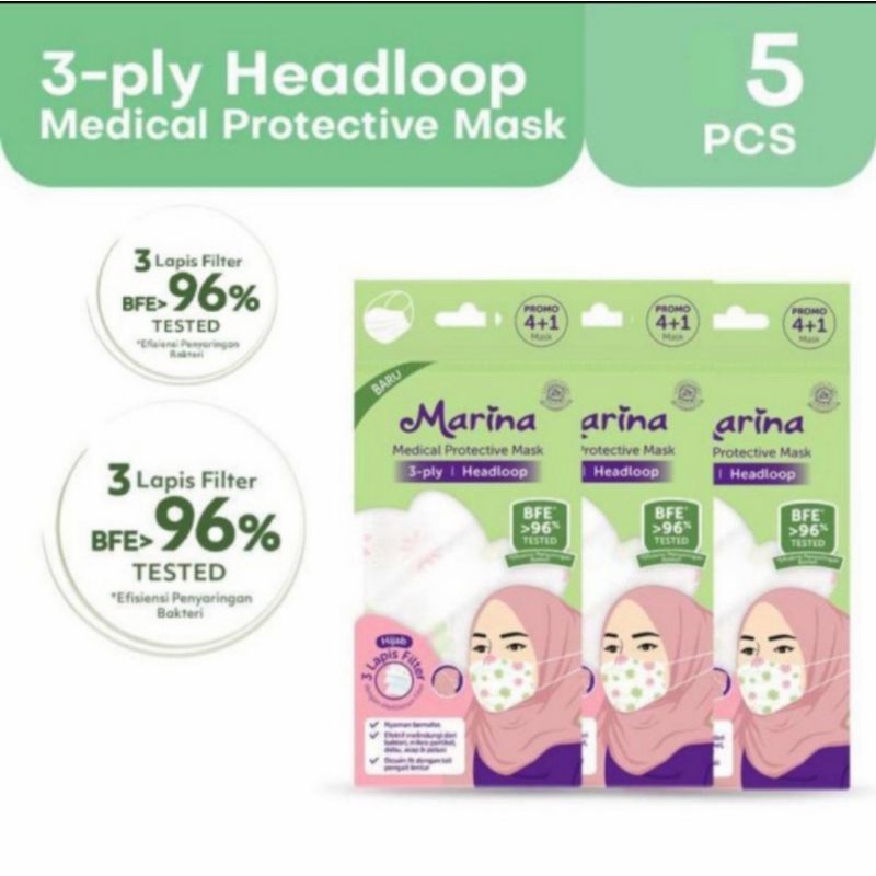 MARINA MASKER MEDIS 3PLY - MARINA MASKER FILTER BFE 96% - MODEL.HEADLOOP / HIJAB - 5PC