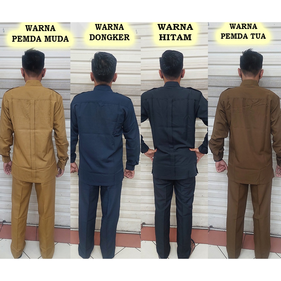 setelan baju dinas PDH laki-laki lengan panjang warna pemda tua-pemda muda-dongker-hitam ukuran dari S sampai 4L