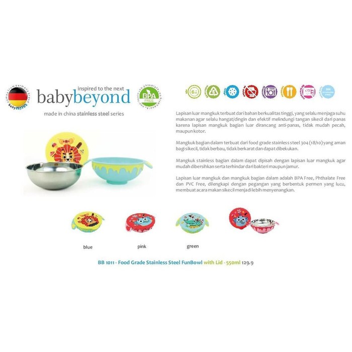 BABY BEYOND Food Grade SS Funbowl with Lid 550ml - BIRU