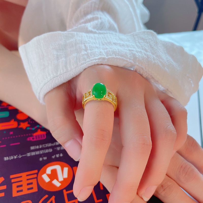 Cincin Lapis Emas Asli Kadar 375 Hias Berlian Kalsedon Hijau Untuk Pria Dan Wanita