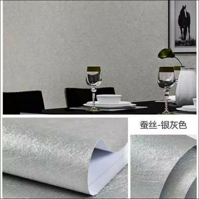 Wallpaper Sticker Dinding Embos Polos Serabut Silver Glossy10mx45cm