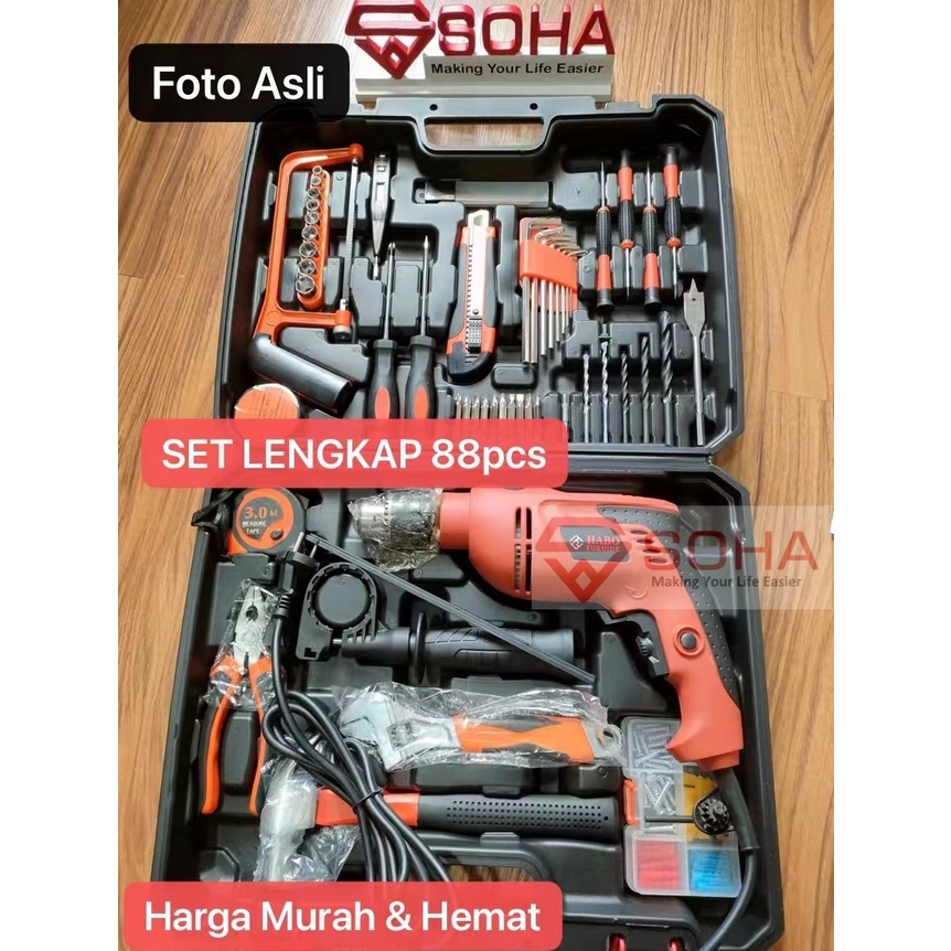 ART-039 SOHA 88 Pcs Ada Bor Listrik Paket Lengkap Box Kotak Alat Perkakas Ada Mata Bor &amp; Palu Obeng Tools Mekanik &amp; Rumah Tangga