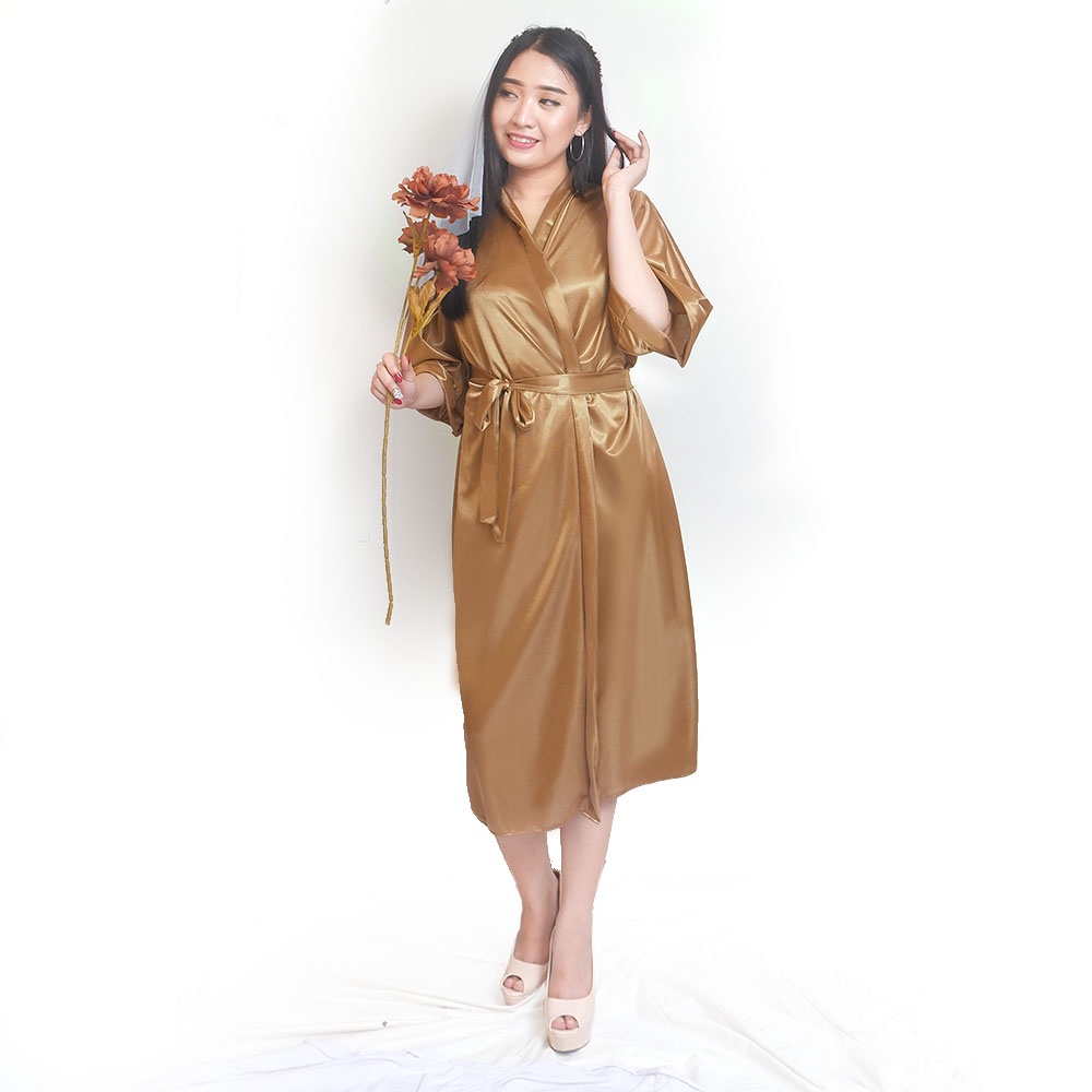 FOLVA bridesmaid kimono wedding baju tidur satin 1560GKIM gold all size