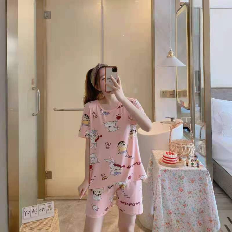 Piyama Baju Tidur Import Wanita Fashion Sleepwear Spandex Stelan Rumah Baju Santai Celana Pendek z-HP-Shincan Pink