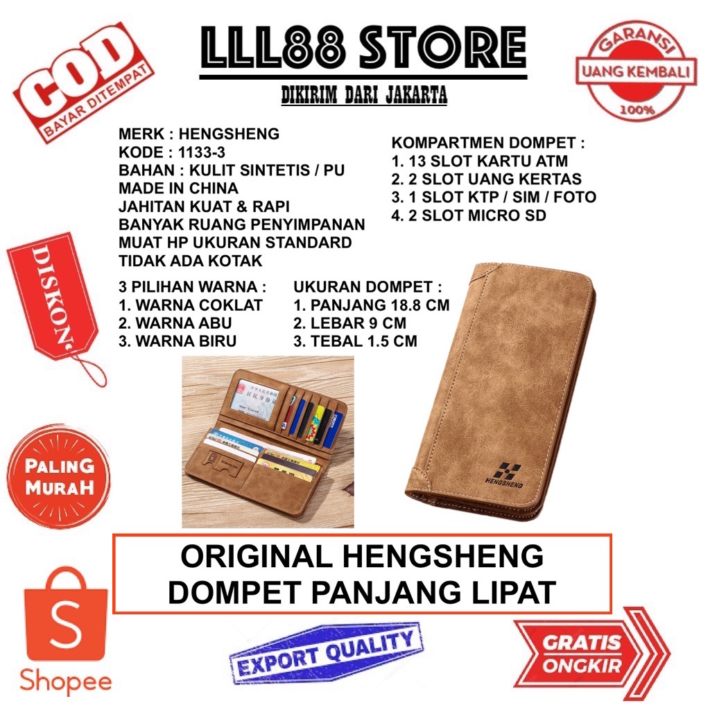 ORIGINAL HENGSHENG 1133-3 DOMPET UANG PANJANG LIPAT BAHAN KULIT SINTETIS - LLL88 Store