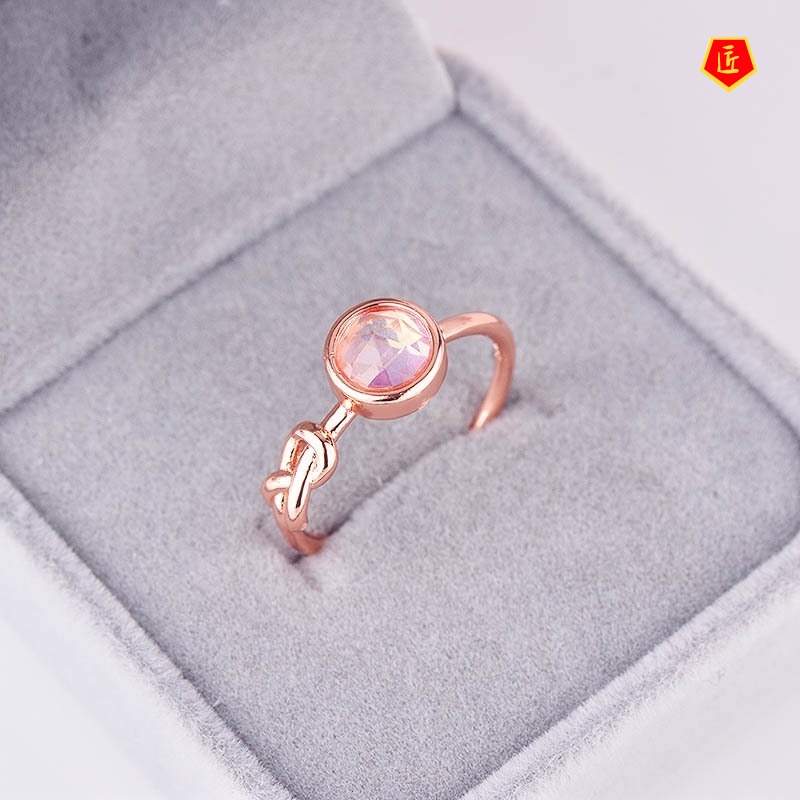 [Ready Stock]Creative Knotted Pink Crystal Moonstone Ring Female 18K Rose Gold