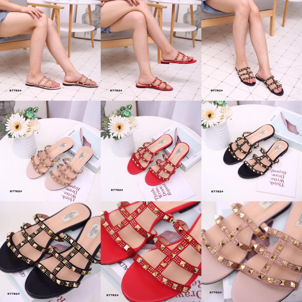 VALENTINO GARAVANI Crystal with Rockstud Calfskin Leather Flat Sandal 87782#