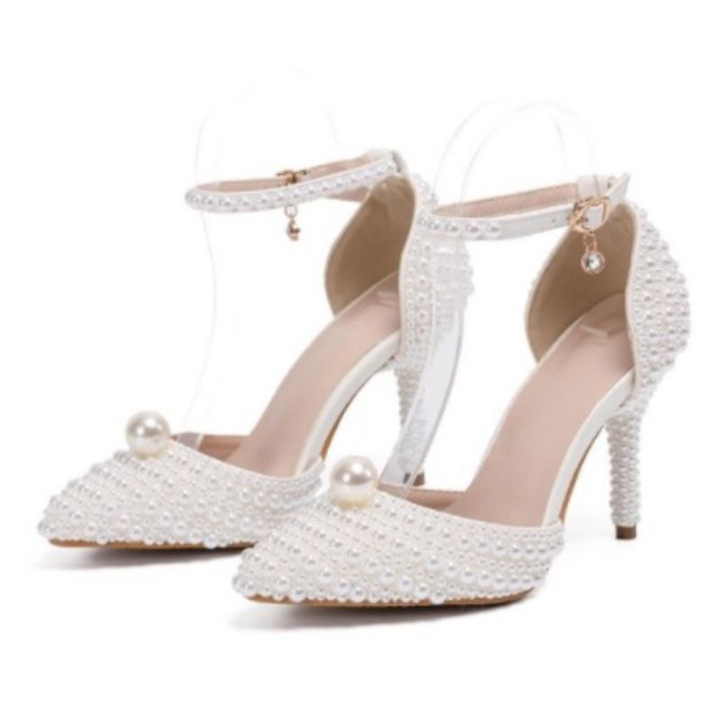 LUXURY IVORY WHITE PEARL BRIDAL SHOES LADIES RINGSTONE PEARL WEDDING SHOES FOR BRIDAL