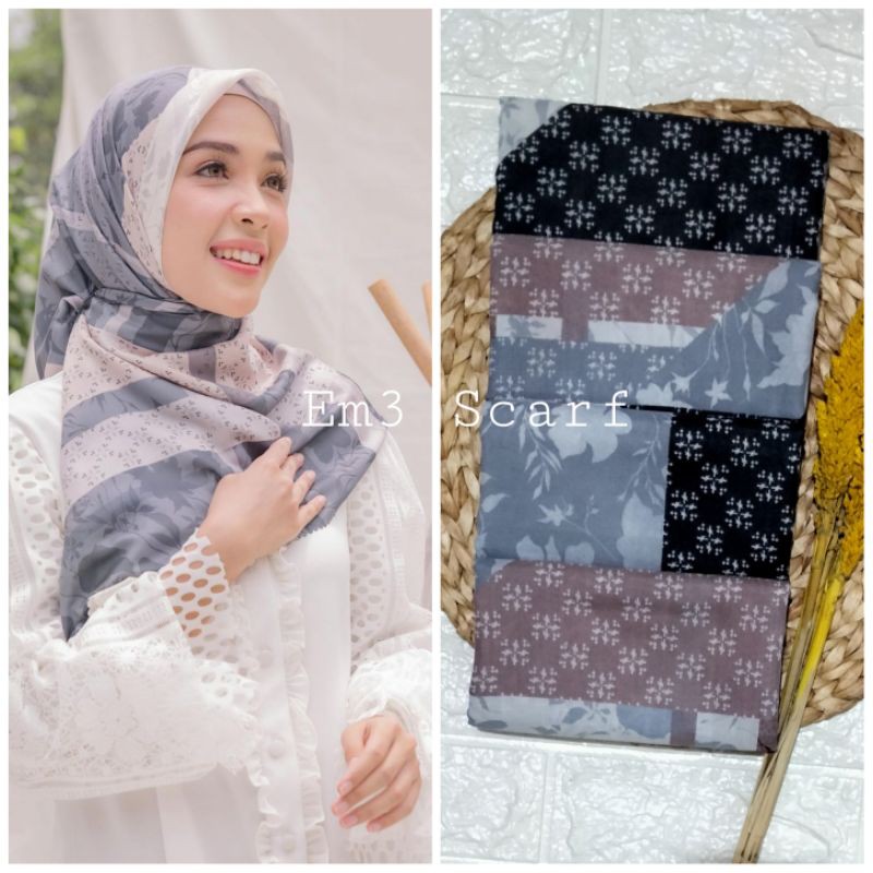 Em3 Scarf HIJAB SEGIEMPAT LASERCUT MOTIF VOAL klamby grey