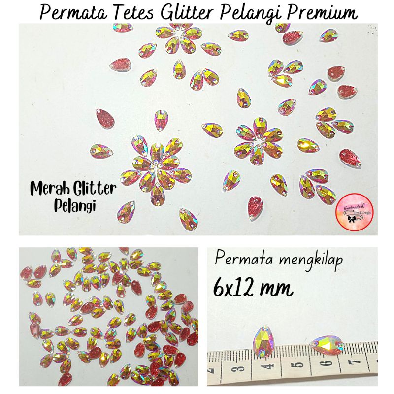 Diamond Permata Tetes Glitter Pelangi Payet Kristal Mote Jahit Premium 6x12 mm 100 pcs