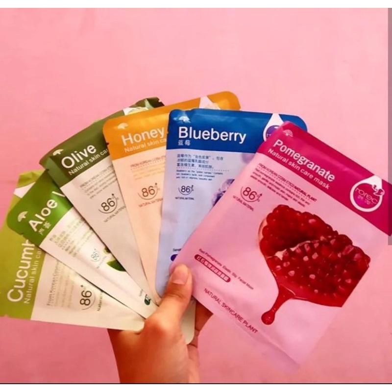 READY ! MASKER WAJAH ROREC // HCHANA ORIGINAL NATURAL SKIN 100% // Sheet Mask Face Pelembab Kolagen Colagen Pencerah Glowing Penghilang Acne Bekas Jerawat Menghilangkan Komedo dan Flek Hitam blueberry aloe vera pomegranate honey cucumber olive