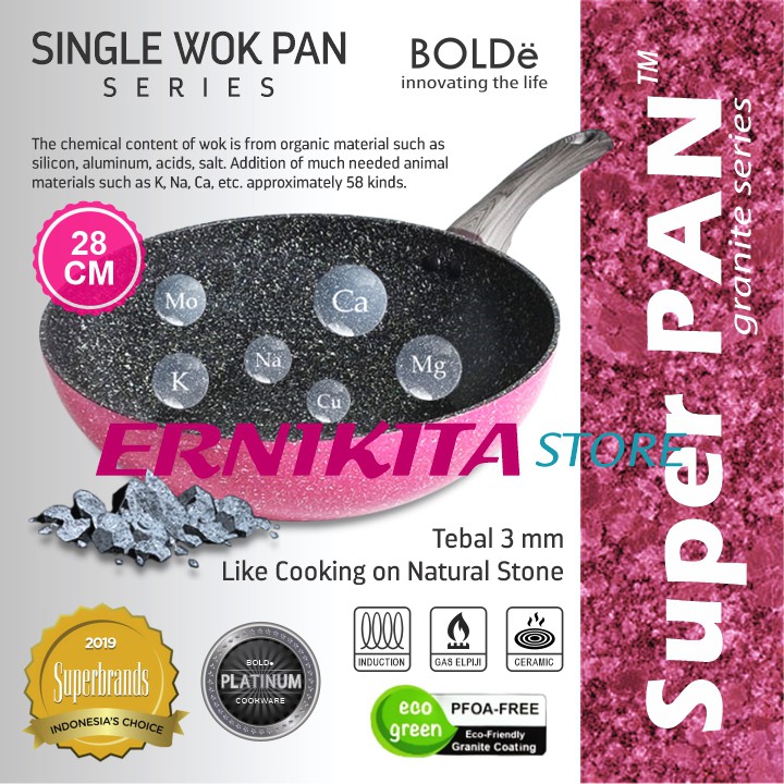 BOLDe WOK PAN 28 CM - Super Pan Wajan Black Pink Granite Coating