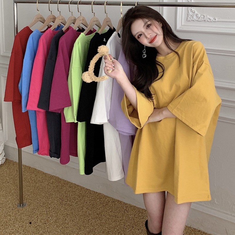 Panjang Warna Solid SederhanaTT-shirt Wanita Dasar Baru Longgar Pelangsing Pullover Top