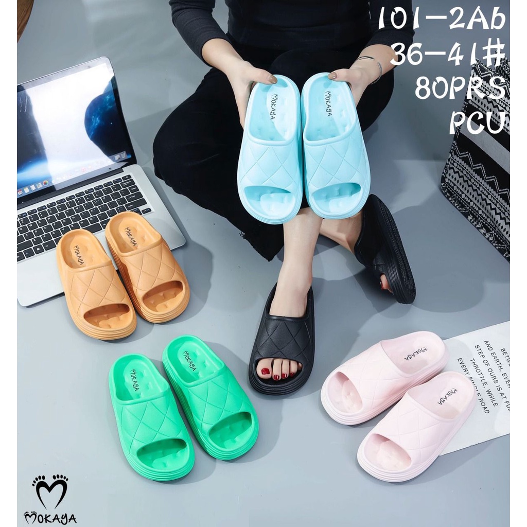 Sandal Slop Jelly Wanita Ban Motif Garis Wajik Sol Tebal Empuk Kece Simple Casual Import Mokaya / Size 36-41 (101-2Ab)