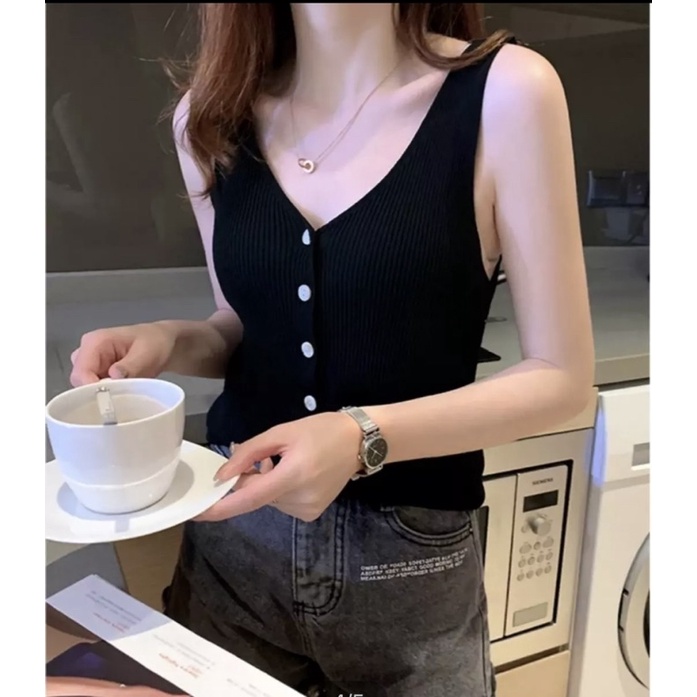 TANK TOP VNECK NAOMI ATASAN WANITA TANPA LENGAN RAJUT IMPORT