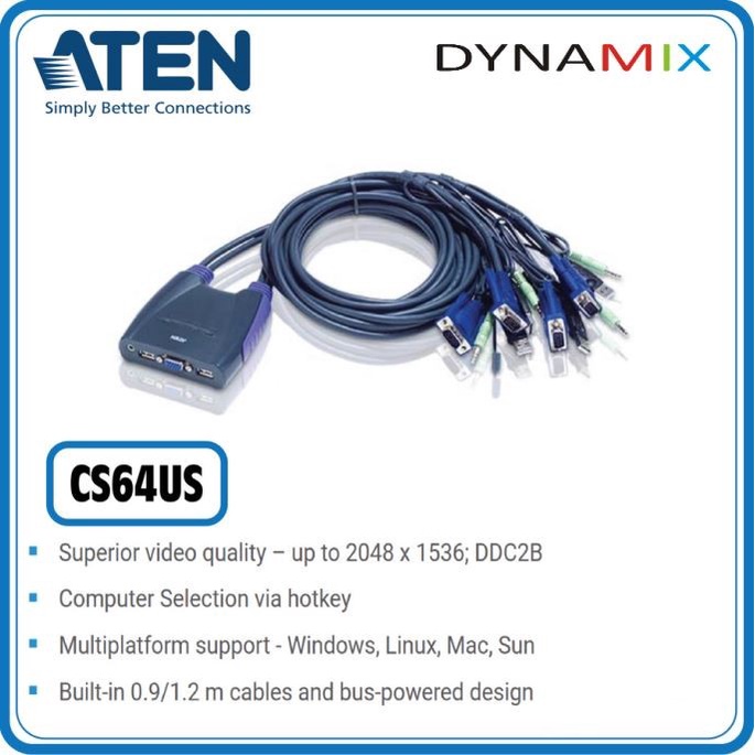 ATEN CS64US 4-Port USB VGA | Audio Cable KVM Switch (0.9m, 1.2m) | Kabel KVM