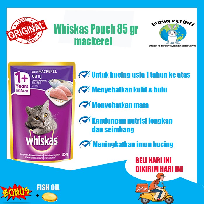 MAKANAN KUCING BASAH WHISKAS POUCH 85 GR MACKEREL SASET WET FOOD WISKAS