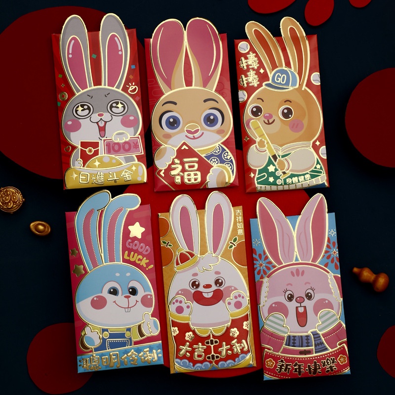 6pcs / set Amplop Angpao Motif Kartun Kelinci Warna Merah Untuk Tahun Baru Cina 2023