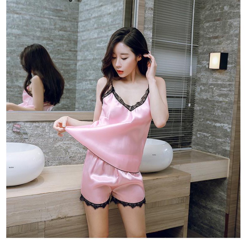 Lingerie Baju Tidur Wanita Import Sleepwear Bahan Silk Set Wanita Gaun Renda Malam Pakaian Tidur Wanita Tanpa Lengan 1061