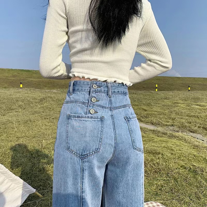 High waist Korean Style Kasual Kulot Loose Straight Panjang Denim Bagy Wide Leg Celana Jeans Wanita
