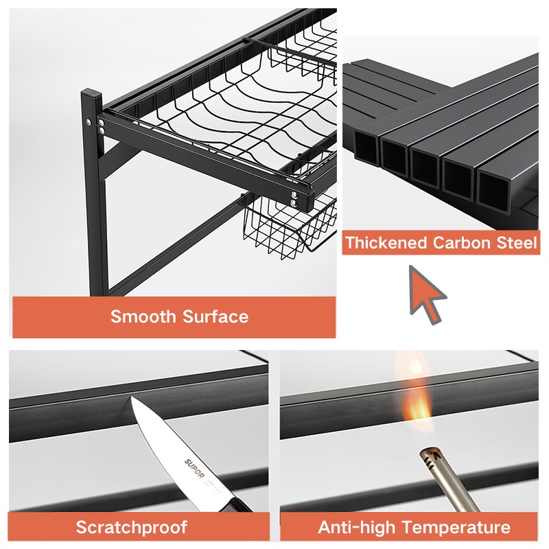 KAGK Rak Piring Wastafel Rak Dapur Stainless Hitam Rak Wastafel Rak Piring Dan Peralatan Dapur Kokoh