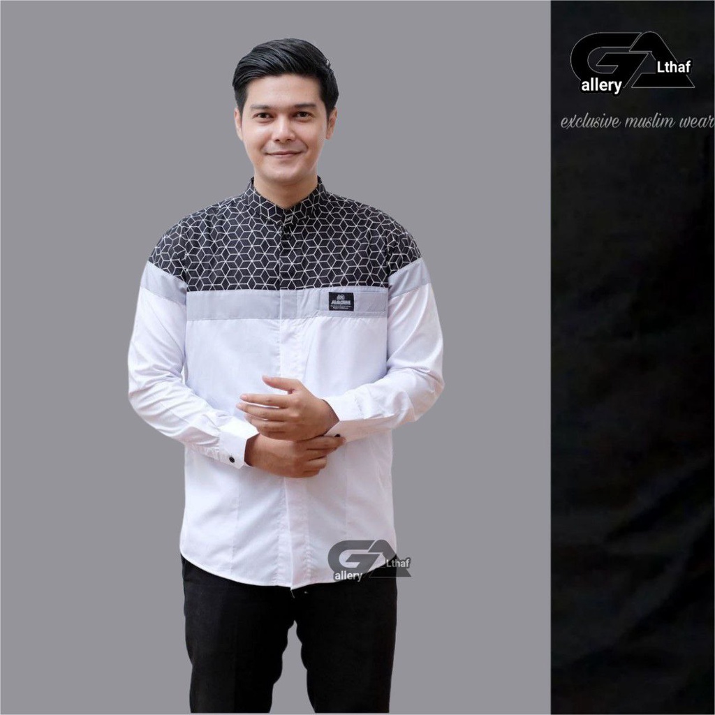 Baju Koko Pria Lengan Panjang Motif Senopati Kombinasi Batik Warna Coksu Putih Kuning Hitam
