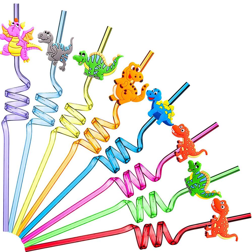 Top 8PCS Sedotan Reusable Dinosaurus Desain Berbeda Perlengkapan Pesta Dekorasi Minum Anak Motif Kartun