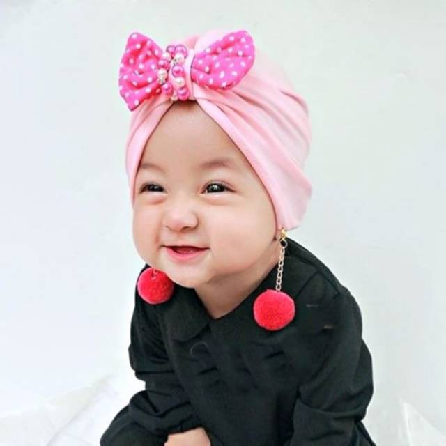 Turban anak bayi balita pita pompom/ Turban anak instan/ Turban anak murah/ Turban bayi lucu