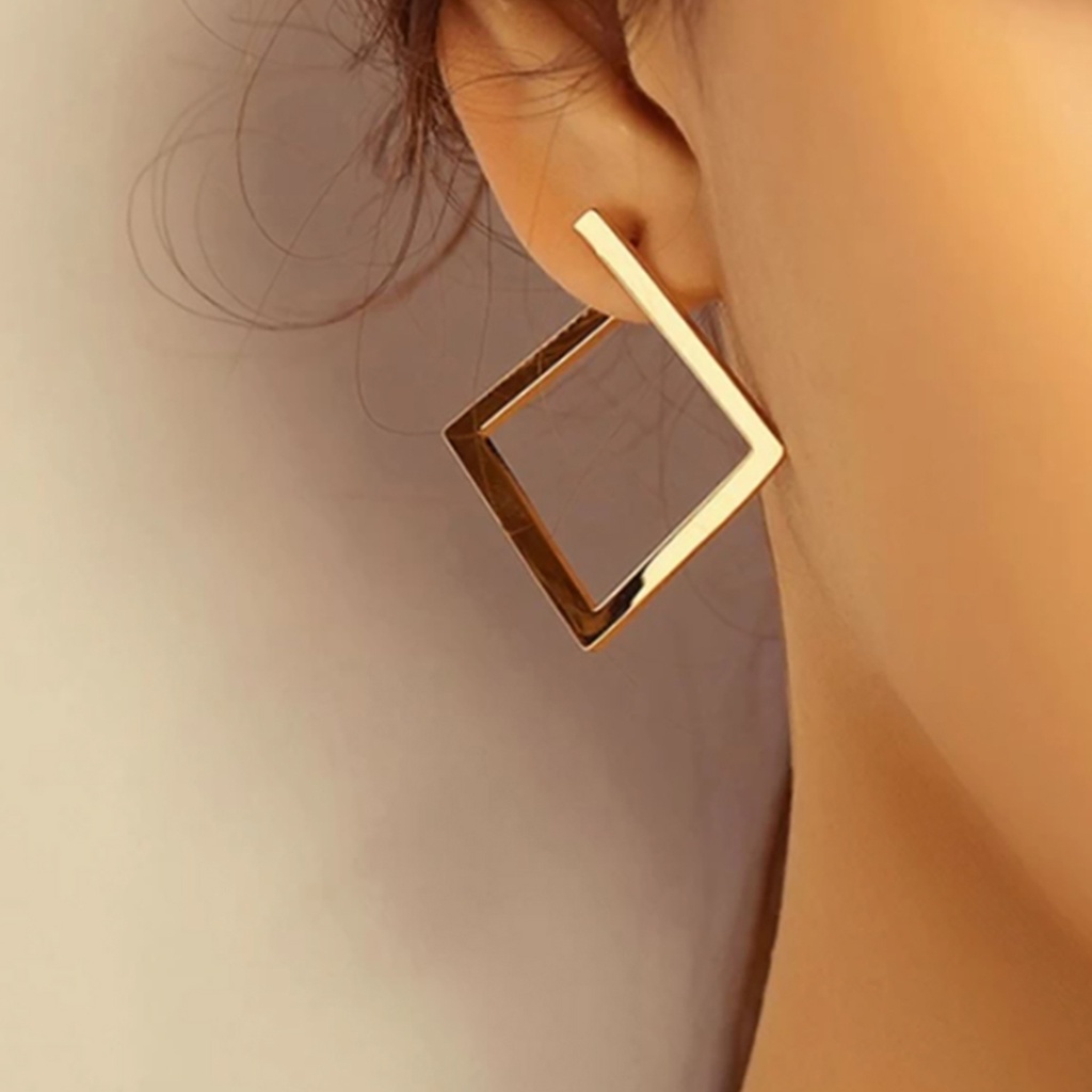 Hu Hu Hu Hu Hu Alat Bantu Pasang Kacamata♡ 1 Pasang Anting Stud Bentuk Persegi Geometris Model Terbuka Bahan Alloy Untuk Wanita