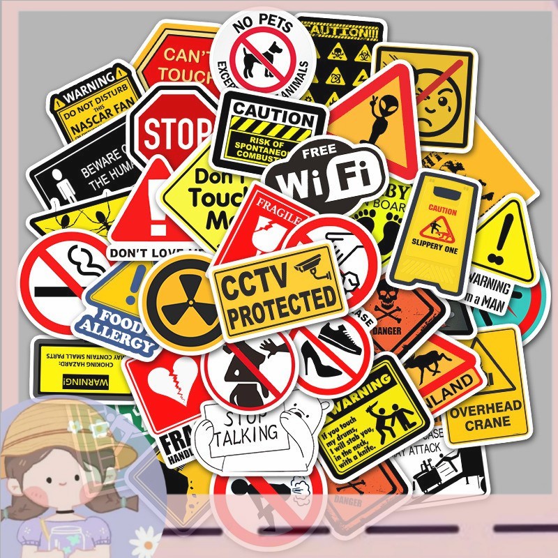 

(HNR)50 Pcs / Set Stiker Motif Kartun Anime warning icons Untuk Skateboard / Koper / Laptop / Gitar / Kulkas / Handphone