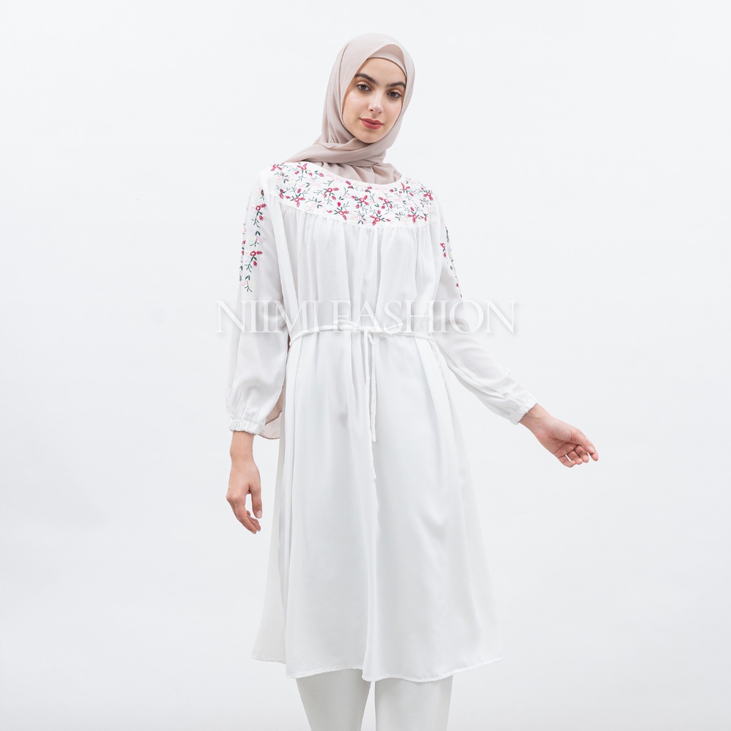 NIMI - Madina Dres Midi Dress Putih Bordir Tunik Putih Premium