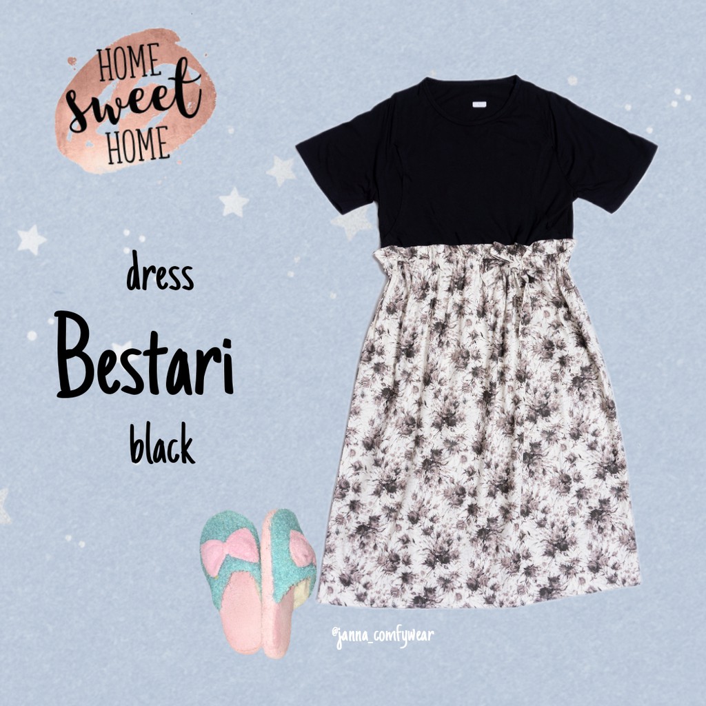 Daster midi katun jepang kombi spandek rayon adem cantik bumil busui friendly JANNA BESTARI BLACK