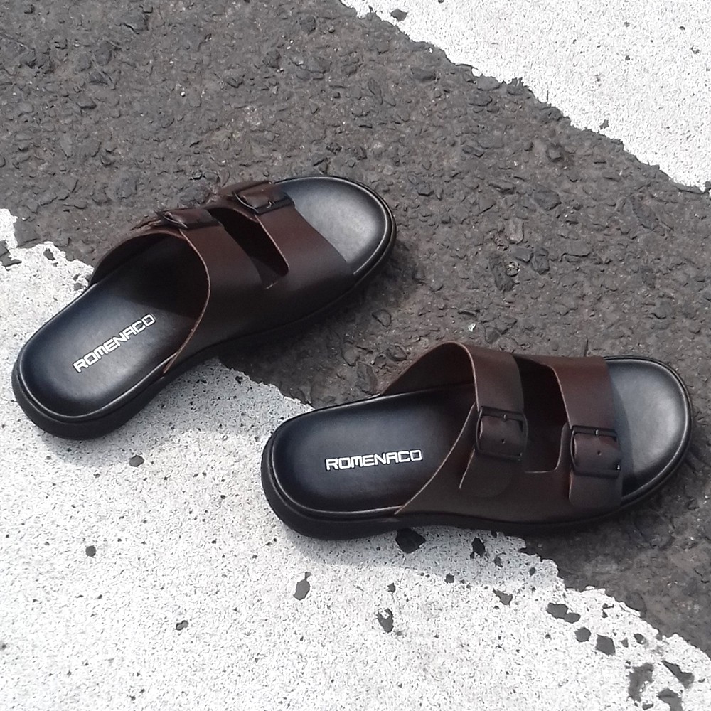 Romenaco R005 Upper Kulit Sapi Kolektif Asli Sandal Pria  Black Brown